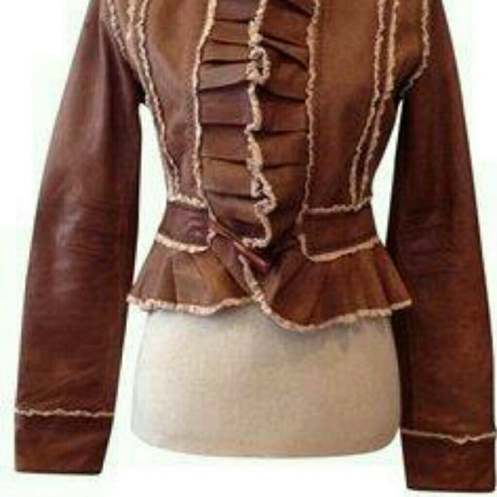 Brown Ruffled Women's Jacket - Picture 2 of 12